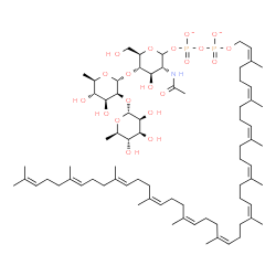 ChemSpider 2D Image | 6-Deoxy-alpha-D-mannopyranosyl-(1->2)-6-deoxy-alpha-D-mannopyranosyl-(1->4)-2-acetamido-2-deoxy-1-O-{[({[(2Z,6Z,10Z,14Z,18Z,22Z,26Z,30Z,34E,38E)-3,7,11,15,19,23,27,31,35,39,43-undecamethyl-2,6,10,14,1
8,22,26,30,34,38,42-tetratetracontaundecaen-1-yl]oxy}phosphinato)oxy]phosphinato}-D-glucopyranose | C75H123NO20P2