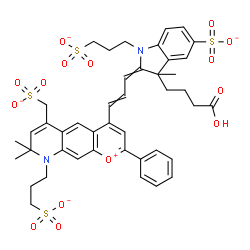 ChemSpider 2D Image | (2E)-3-(3-Carboxypropyl)-2-{(2E)-3-[8,8-dimethyl-2-phenyl-6-(sulfonatomethyl)-9-(3-sulfonatopropyl)-8,9-dihydropyrano[3,2-g]quinolin-1-ium-4-yl]-2-propen-1-ylidene}-3-methyl-1-(3-sulfonatopropyl)-5-in
dolinesulfonate | C43H45N2O15S4