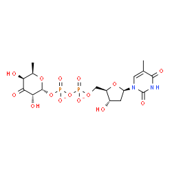 ChemSpider 2D Image | [(2R,3S,5S,6R)-3,5-dihydroxy-6-methyl-4-oxo-tetrahydropyran-2-yl] [[(2R,3S,5R)-3-hydroxy-5-(5-methyl-2,4-dioxo-pyrimidin-1-yl)tetrahydrofuran-2-yl]methoxy-oxido-phosphoryl] phosphate | C16H22N2O15P2