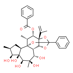 ChemSpider 2D Image | (1R,2R,4S,5S,6R,7R,8R,9S,10S,11R,15S,16S,17R)-5,6,7,8,9-Pentahydroxy-15-isopropenyl-4,8,17-trimethyl-13-phenyl-12,14,18-trioxapentacyclo[11.4.1.0~1,10~.0~2,6~.0~11,15~]octadec-16-yl benzoate | C34H40O10