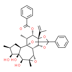 ChemSpider 2D Image | (1R,2R,4S,5S,6R,7S,8R,10S,11S,12R,16S,17S,18R)-5,6,7-Trihydroxy-16-isopropenyl-4,8,18-trimethyl-14-phenyl-9,13,15,19-tetraoxahexacyclo[12.4.1.0~1,11~.0~2,6~.0~8,10~.0~12,16~]nonadec-17-yl benzoate | C34H38O9