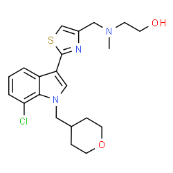ChemSpider 2D Image | 2-[({2-[7-Chloro-1-(tetrahydro-2H-pyran-4-ylmethyl)-1H-indol-3-yl]-1,3-thiazol-4-yl}methyl)(methyl)amino]ethanol | C21H26ClN3O2S