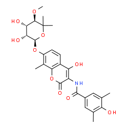 ChemSpider 2D Image | N-(7-{[(2R,3R,4S,5R)-3,4-Dihydroxy-5-methoxy-6,6-dimethyltetrahydro-2H-pyran-2-yl]oxy}-4-hydroxy-8-methyl-2-oxo-2H-chromen-3-yl)-4-hydroxy-3,5-dimethylbenzamide | C27H31NO10