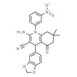 ChemSpider 2D Image | 2-Amino-4-(1,3-benzodioxol-5-yl)-7,7-dimethyl-1-(3-nitrophenyl)-5-oxo-1,4,5,6,7,8-hexahydro-3-quinolinecarbonitrile | C25H22N4O5