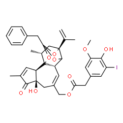 ChemSpider 2D Image | [(2R,6R,10S,15S,17R)-13-Benzyl-6-hydroxy-15-isopropenyl-4,17-dimethyl-5-oxo-12,14,18-trioxapentacyclo[11.4.1.0~1,10~.0~2,6~.0~11,15~]octadeca-3,8-dien-8-yl]methyl (4-hydroxy-3-iodo-5-methoxyphenyl)ace
tate | C37H39IO9