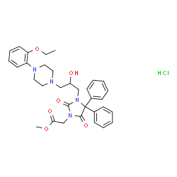 ChemSpider 2D Image | Methyl (3-{3-[4-(2-ethoxyphenyl)-1-piperazinyl]-2-hydroxypropyl}-2,5-dioxo-4,4-diphenyl-1-imidazolidinyl)acetate hydrochloride (1:1) | C33H39ClN4O6