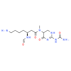 ChemSpider 2D Image | (3S)-7-Amino-N-[2-(carbamoylamino)-4-oxo-1,4,5,6-tetrahydro-5-pyrimidinyl]-3-formamido-N-methylheptanamide | C14H25N7O4