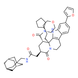 ChemSpider 2D Image | N-[(3s,5s,7s)-Adamantan-1-ylmethyl]-2-[(1S,3R,12bS)-12b-(2-cyclopentylethyl)-10-(2-furyl)-1-(4-morpholinylcarbonyl)-4-oxo-1,2,3,4,6,7,12,12b-octahydroindolo[2,3-a]quinolizin-3-yl]acetamide | C44H56N4O5