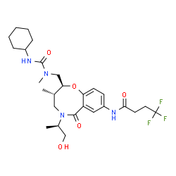 ChemSpider 2D Image | N-[(2S,3S)-2-[[[(cyclohexylamino)-oxomethyl]-methylamino]methyl]-5-[(2R)-1-hydroxypropan-2-yl]-3-methyl-6-oxo-3,4-dihydro-2H-1,5-benzoxazocin-8-yl]-4,4,4-trifluorobutanamide | C27H39F3N4O5