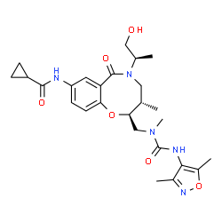 ChemSpider 2D Image | N-{(2S,3S)-2-({[(3,5-Dimethyl-1,2-oxazol-4-yl)carbamoyl](methyl)amino}methyl)-5-[(2R)-1-hydroxy-2-propanyl]-3-methyl-6-oxo-3,4,5,6-tetrahydro-2H-1,5-benzoxazocin-8-yl}cyclopropanecarboxamide | C26H35N5O6