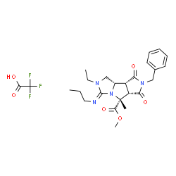 ChemSpider 2D Image | Methyl (3E,5R,5aS,8aR,8bS)-7-benzyl-2-ethyl-5-methyl-6,8-dioxo-3-(propylimino)decahydropyrrolo[3',4':3,4]pyrrolo[1,2-c]imidazole-5-carboxylate trifluoroacetate (1:1) | C25H31F3N4O6