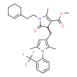 ChemSpider 2D Image | Methyl 1-[2-(1-cyclohexen-1-yl)ethyl]-4-({2,5-dimethyl-1-[2-(trifluoromethyl)phenyl]-1H-pyrrol-3-yl}methylene)-2-methyl-5-oxo-4,5-dihydro-1H-pyrrole-3-carboxylate | C29H31F3N2O3