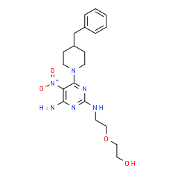 ChemSpider 2D Image | 2-(2-{[4-Amino-6-(4-benzyl-1-piperidinyl)-5-nitro-2-pyrimidinyl]amino}ethoxy)ethanol | C20H28N6O4