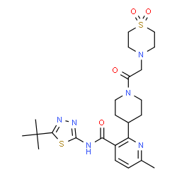 ChemSpider 2D Image | 2-{1-[(1,1-Dioxido-4-thiomorpholinyl)acetyl]-4-piperidinyl}-6-methyl-N-[5-(2-methyl-2-propanyl)-1,3,4-thiadiazol-2-yl]nicotinamide | C24H34N6O4S2
