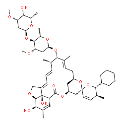ChemSpider 2D Image | (1'R,2S,4'S,5S,6R,8'R,10'E,12'S,13'S,14'E,16'E,20'R,21'R,24'S)-6-Cyclohexyl-21',24'-dihydroxy-5,11',13',22'-tetramethyl-2'-oxo-5,6-dihydrospiro[pyran-2,6'-[3,7,19]trioxatetracyclo[15.6.1.1~4,8~.0~20,2
4~]pentacosa[10,14,16,22]tetraen]-12'-yl 2,6-dideoxy-4-O-[(4xi)-2,6-dideoxy-3-O-methyl-alpha-L-threo-hexopyranosyl]-3-O-methyl-alpha-L-arabino-hexopyranoside | C50H74O14
