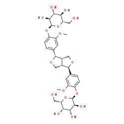 ChemSpider 2D Image | 4-{(1R,3aS,4S,6aS)-4-[4-(alpha-L-Glucopyranosyloxy)-3-methoxyphenyl]tetrahydro-1H,3H-furo[3,4-c]furan-1-yl}-2-methoxyphenyl alpha-L-galactopyranoside | C32H42O16