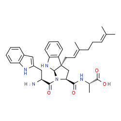 ChemSpider 2D Image | (2S)-2-[({(2S,3aR,8aR)-1-[(2S)-2-Amino-3-(1H-indol-2-yl)propanoyl]-3a-[(2E)-3,7-dimethyl-2,6-octadien-1-yl]-1,2,3,3a,8,8a-hexahydropyrrolo[2,3-b]indol-2-yl}carbonyl)amino]propanoic acid (non-preferred
 name) | C35H43N5O4