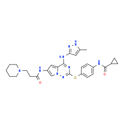 ChemSpider 2D Image | N-{4-[(4-[(5-Methyl-1H-pyrazol-3-yl)amino]-6-{[3-(1-piperidinyl)propanoyl]amino}pyrrolo[2,1-f][1,2,4]triazin-2-yl)sulfanyl]phenyl}cyclopropanecarboxamide | C28H33N9O2S
