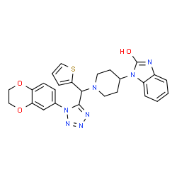 ChemSpider 2D Image | 1-(1-{[1-(2,3-Dihydro-1,4-benzodioxin-6-yl)-1H-tetrazol-5-yl](2-thienyl)methyl}-4-piperidinyl)-1,3-dihydro-2H-benzimidazol-2-one | C26H25N7O3S