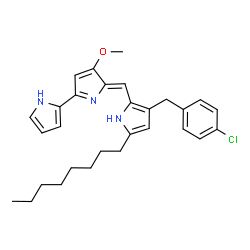 ChemSpider 2D Image | (5'Z)-5'-{[3-(4-Chlorobenzyl)-5-octyl-1H-pyrrol-2-yl]methylene}-4'-methoxy-1H,5'H-2,2'-bipyrrole | C29H34ClN3O