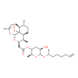 ChemSpider 2D Image | (2R)-7-Octen-2-yl 3,6-dideoxy-4-O-{[(1R,4S,5R,8S,9R,10R,12R,13R)-1,5,9-trimethyl-11,14,15,16-tetraoxatetracyclo[10.3.1.0~4,13~.0~8,13~]hexadec-10-yl]acetyl}-alpha-L-arabino-hexopyranoside | C31H50O9