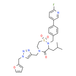 ChemSpider 2D Image | 2-[4-(6-Fluoro-3-pyridinyl)benzyl]-5-{[1-(2-furylmethyl)-1H-1,2,3-triazol-4-yl]methyl}-3-isobutyl-1,2,5-thiadiazepan-4-one 1,1-dioxide | C28H31FN6O4S