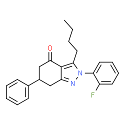 ChemSpider 2D Image | Indazol-4-one, 3-butyl-2-(2-fluorophenyl)-6-phenyl-2,5,6,7-tetrahydro- | C23H23FN2O