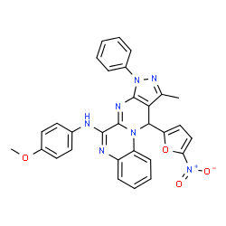 ChemSpider 2D Image | N-(4-Methoxyphenyl)-10-methyl-11-(5-nitro-2-furyl)-8-phenyl-8,11-dihydropyrazolo[3',4':4,5]pyrimido[1,2-a]quinoxalin-6-amine | C30H23N7O4