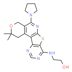 ChemSpider 2D Image | 2-{[2,2-Dimethyl-5-(1-pyrrolidinyl)-1,4-dihydro-2H-pyrano[4'',3'':4',5']pyrido[3',2':4,5]thieno[3,2-d]pyrimidin-8-yl]amino}ethanol | C20H25N5O2S