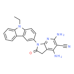 ChemSpider 2D Image | 4,6-Diamino-1-(9-ethyl-9H-carbazol-3-yl)-2-oxo-2,3-dihydro-1H-pyrrolo[2,3-b]pyridine-5-carbonitrile | C22H18N6O