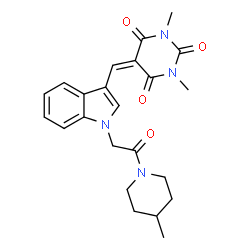ChemSpider 2D Image | 1,3-dimethyl-5-({1-[2-(4-methylpiperidin-1-yl)-2-oxoethyl]indol-3-yl}methylidene)-1,3-diazinane-2,4,6-trione | C23H26N4O4