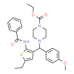 ChemSpider 2D Image | Ethyl 4-{[2-(benzoylamino)-5-ethyl-3-thienyl](4-methoxyphenyl)methyl}-1-piperazinecarboxylate | C28H33N3O4S