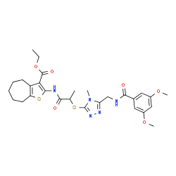 ChemSpider 2D Image | Ethyl 2-({2-[(5-{[(3,5-dimethoxybenzoyl)amino]methyl}-4-methyl-4H-1,2,4-triazol-3-yl)sulfanyl]propanoyl}amino)-5,6,7,8-tetrahydro-4H-cyclohepta[b]thiophene-3-carboxylate | C28H35N5O6S2
