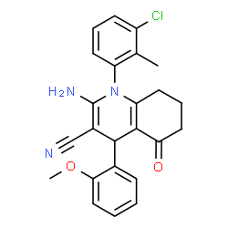 ChemSpider 2D Image | 2-Amino-1-(3-chloro-2-methylphenyl)-4-(2-methoxyphenyl)-5-oxo-1,4,5,6,7,8-hexahydro-3-quinolinecarbonitrile | C24H22ClN3O2