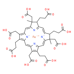 ChemSpider 2D Image | Iron(2+) 3,7,13,18-tetrakis(2-carboxyethyl)-2,8,12,17-tetrakis(carboxymethyl)-2,8-dimethyl-7,8-dihydro-2H,3H-porphine-21,23-diide | C42H44FeN4O16