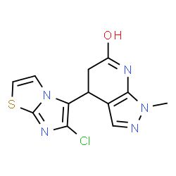 ChemSpider 2D Image | 4-(6-Chloroimidazo[2,1-b][1,3]thiazol-5-yl)-1-methyl-1,4,5,7-tetrahydro-6H-pyrazolo[3,4-b]pyridin-6-one | C12H10ClN5OS