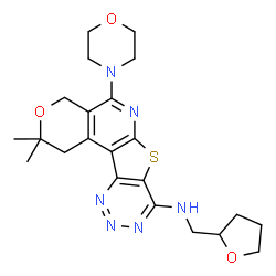 ChemSpider 2D Image | 2,2-Dimethyl-5-(4-morpholinyl)-N-(tetrahydro-2-furanylmethyl)-1,4-dihydro-2H-pyrano[4'',3'':4',5']pyrido[3',2':4,5]thieno[3,2-d][1,2,3]triazin-8-amine | C22H28N6O3S
