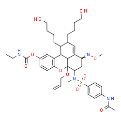 ChemSpider 2D Image | 6-{[(4-Acetamidophenyl)sulfonyl](methyl)amino}-6a-(allyloxy)-1,2-bis(4-hydroxybutyl)-4-(methoxyimino)-1,2,4,5,6,6a,11b,11c-octahydrobenzo[kl]xanthen-10-yl ethylcarbamate | C40H54N4O10S