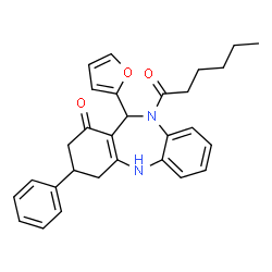 ChemSpider 2D Image | 11-(2-Furyl)-10-hexanoyl-3-phenyl-2,3,4,5,10,11-hexahydro-1H-dibenzo[b,e][1,4]diazepin-1-one | C29H30N2O3