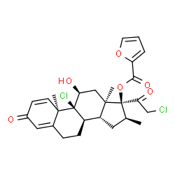 ChemSpider 2D Image | (8alpha,9beta,10alpha,11beta,13alpha,14beta,16beta,17alpha)-9,21-Dichloro-11-hydroxy-16-methyl-3,20-dioxopregna-1,4-dien-17-yl 2-furoate | C27H30Cl2O6