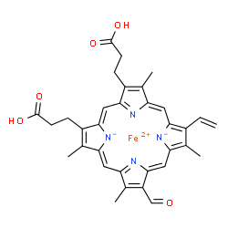 ChemSpider 2D Image | Iron(2+) 2,18-bis(2-carboxyethyl)-8-formyl-3,7,12,17-tetramethyl-13-vinylporphine-21,23-diide | C33H30FeN4O5