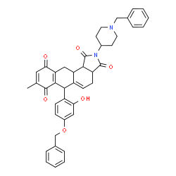 ChemSpider 2D Image | 6-[4-(Benzyloxy)-2-hydroxyphenyl]-2-(1-benzyl-4-piperidinyl)-8-methyl-3a,4,6,11,11a,11b-hexahydro-1H-naphtho[2,3-e]isoindole-1,3,7,10(2H)-tetrone | C42H40N2O6