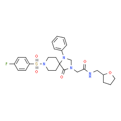 ChemSpider 2D Image | 2-{8-[(4-Fluorophenyl)sulfonyl]-4-oxo-1-phenyl-1,3,8-triazaspiro[4.5]dec-3-yl}-N-(tetrahydro-2-furanylmethyl)acetamide | C26H31FN4O5S