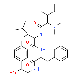 ChemSpider 2D Image | N-[7-Benzyl-11-hydroxy-3-isopropyl-5,8-dioxo-2-oxa-6,9-diazabicyclo[10.2.2]hexadeca-1(14),12,15-trien-4-yl]-N~2~,N~2~-dimethylisoleucinamide | C31H44N4O5