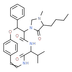 ChemSpider 2D Image | 4-(4-Butyl-3-methyl-5-oxo-1-imidazolidinyl)-7-isopropyl-3-phenyl-2-oxa-6,9-diazabicyclo[10.2.2]hexadeca-1(14),10,12,15-tetraene-5,8-dione | C30H38N4O4