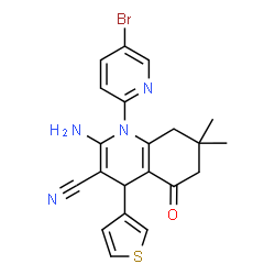 ChemSpider 2D Image | 2-Amino-1-(5-bromo-2-pyridinyl)-7,7-dimethyl-5-oxo-4-(3-thienyl)-1,4,5,6,7,8-hexahydro-3-quinolinecarbonitrile | C21H19BrN4OS