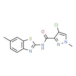 ChemSpider 2D Image | 4-Chloro-1-methyl-N-(6-methyl-1,3-benzothiazol-2-yl)-1H-pyrazole-3-carboxamide | C13H11ClN4OS