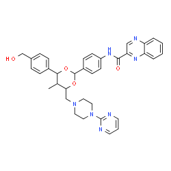 ChemSpider 2D Image | N-[4-(4-[4-(Hydroxymethyl)phenyl]-5-methyl-6-{[4-(2-pyrimidinyl)-1-piperazinyl]methyl}-1,3-dioxan-2-yl)phenyl]-2-quinoxalinecarboxamide | C36H37N7O4