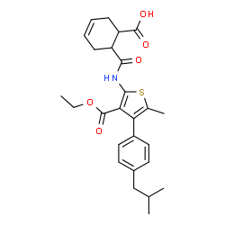 ChemSpider 2D Image | 6-{[3-(Ethoxycarbonyl)-4-(4-isobutylphenyl)-5-methyl-2-thienyl]carbamoyl}-3-cyclohexene-1-carboxylic acid | C26H31NO5S