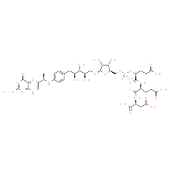 ChemSpider 2D Image | (2S)-2-{[(5S,8S)-1-[(2R,3S,4R,5S)-5-{[(2R,3S,4S)-5-(4-{[(1R)-1-(2-Amino-4-oxo-1,4-dihydro-6-pteridinyl)ethyl]amino}phenyl)-2,3,4-trihydroxypentyl]oxy}-3,4-dihydroxytetrahydro-2-furanyl]-5,8-bis(2-carb
oxyethyl)-3-hydroxy-3-oxido-6,9-dioxo-2,4-dioxa-7-aza-3lambda~5~-phosphanonan-9-yl]amino}succinic acid | C38H51N8O22P